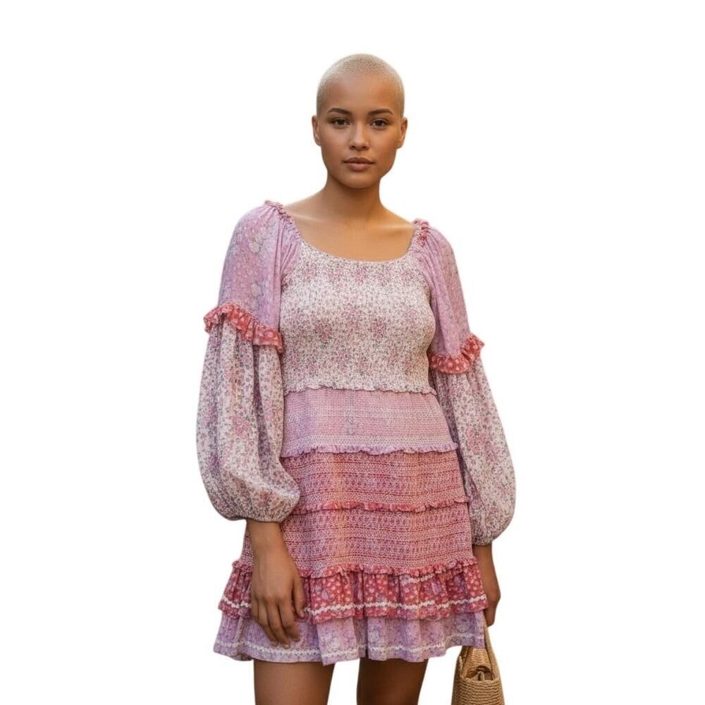 LOVESHACKFANCY Women's Ensley Floral Print Smocked Mini Dress Pink Size Medium